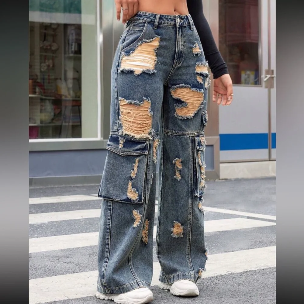 Distressed jeans Blue Cargo Jeans pants denim pockets ripped mineral wash - Picture 4 of 5